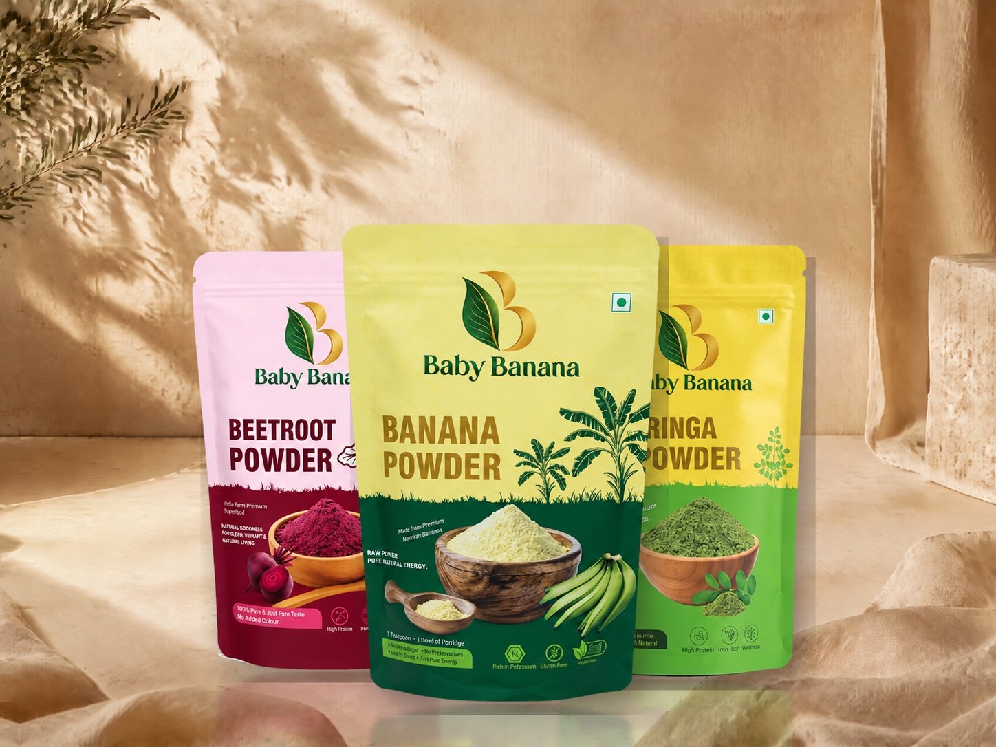 Banana, moringa and beetroot powder pouches